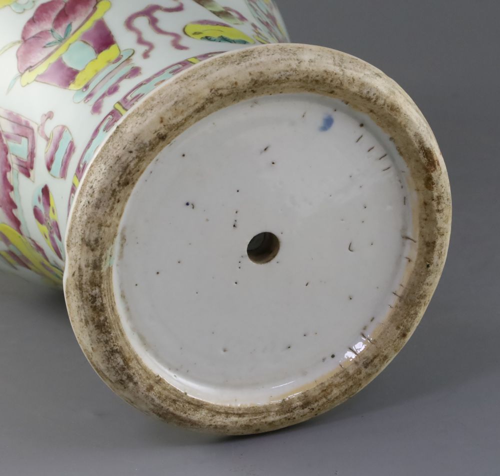 A Chinese famille rose hundred antiques vase, 19th century, H.37.5cm, drilled hole to base